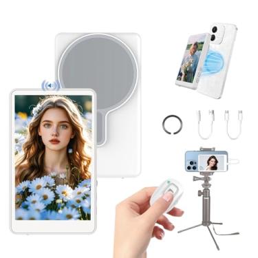 Imagem de Tela de monitor de selfie para iPhone, alto-falante embutido, tela magnética sem fio para iPhone e Android, monitor de câmera traseira com controle remoto para transmissão ao vivo e TikTok (branca)