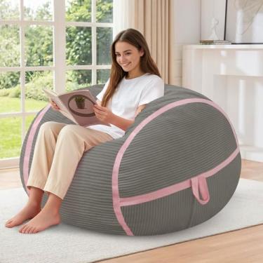 Imagem de HABUTWAY Cadeira Bean Bag, poltrona grande com espuma de memória, capa de veludo cotelê ultramacia e design com zíper, alça portátil – Sofá confortável para sala de estar, sem montagem - cinza claro e