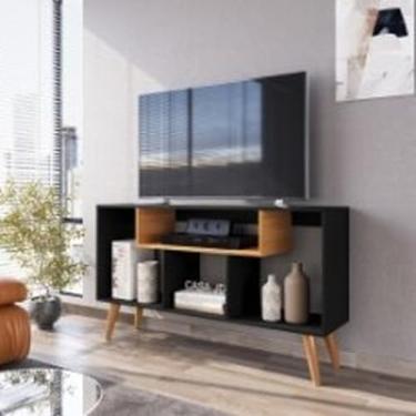 Imagem de Rack Bancada Para Tv De Até 43 Polegadas Com Prateleira E Nichos Para Sala De Estar Casa Jd (Preto/Nature)