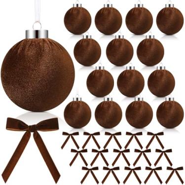 Imagem de Wettarn 15 conjuntos de kit de decoração de enfeites de veludo de Natal de 8 cm, inclui bolas e laços de veludo para guirlanda de árvore de Natal, decoração vintage para pendurar no feriado