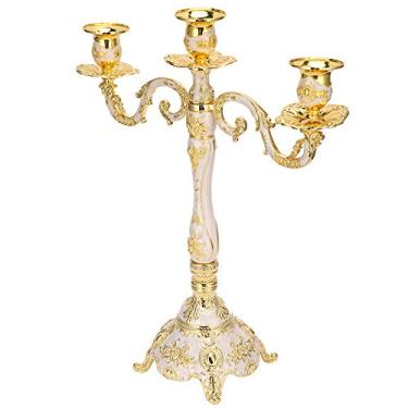 Imagem de Castiçal europeu conjunto de 3 peças de liga de zinco retrô decoração de casa castiçal para jantar romântico peça central ouro branco prata 36cm 43cm (Três cabeças douradas)