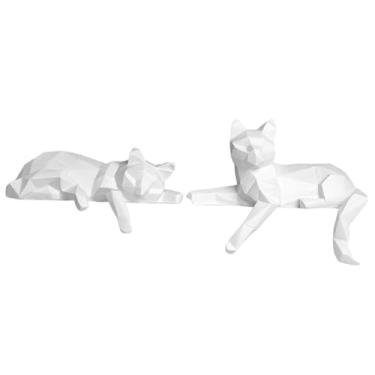 Imagem de MotiveTech 2 Estátuas de Gato Geométricas em Resina para Decoração de Mesa na Sala de Estar, Branco