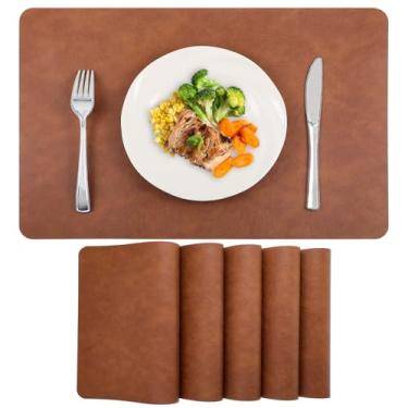 Imagem de Conjunto de 6 jogos americanos de couro - 30,5 x 43,24 cm limpável, impermeável, resistente ao calor, tapetes de mesa reversíveis de vinil para cozinha, jantar, ao ar livre (marrom avermelhado)
