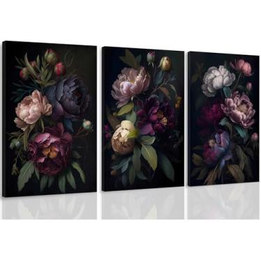 Imagem de ICHZUMW Arte de parede floral Moody emoldurada, arte de parede em tela com peônia vintage, conjunto de 3, estampas florais Dark Academia, imagens de flores góticas para decoração de quarto, sala de