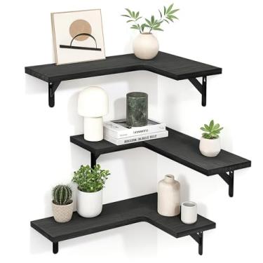 Imagem de Paulownia Conjunto de decoração para parede 3 peças prateleiras flutuantes de canto preto em forma de L, cozinha de madeira rústica, sala de estar, quarto, exibição na parede, economia de espaço de