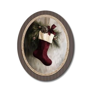 Imagem de Dilemat Decorações de Natal para ambientes internos e externos, arte de parede oval de madeira, decoração de meia de Natal, cabide de porta frontal de madeira para varanda, sala de estar, decoração de