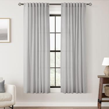 Imagem de Cortinas cinza de mistura de linho para sala de estar, aba traseira, moderna, quinta, semitransparentes, cinza claro, conjunto de 2 painéis, cortina de janela com textura de algodão neutro suave para