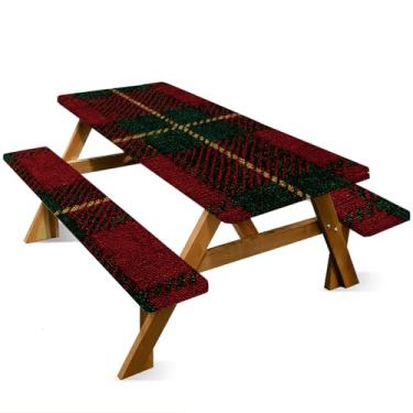 Imagem de ANNA QUEEN Conjunto de capa de mesa vermelha para piquenique de Natal de 1,82 m x 76 cm, à prova d'água, banco e toalha de mesa, proteção de móveis para acampamento, praia, churrasco, pátio, quintal