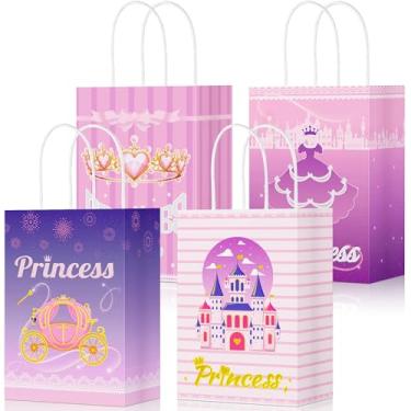 Imagem de 24 peças de sacolas de brinde de princesa, sacolas de lembrancinha de princesa rosa com alças, 4 estilos de papel fundo grosso reutilizáveis, sacos de presente de doces para decoração de festa