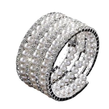 Imagem de KIFEDSLJ Imitition Pulseira elástica de pérolas, multicamadas, grossa, pérola, cristal, pulseira elástica para mulheres, joias de casamento, elastic, imitação de pérola, Sem pedra