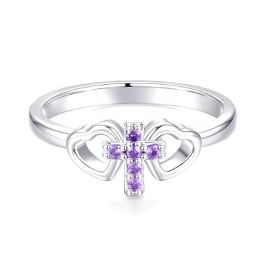 Imagem de DVAVA Anéis de coração de zircônia cúbica minúscula religiosa tamanho 1-5 anel com cruz para batismo, batizado, dedicação, presente de primeira comunhão para afilhada, Cobre, Zircônia cúbica