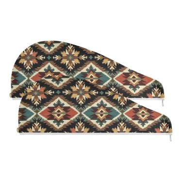 Imagem de SEHANY Toalha de cabelo de microfibra boêmia marrom vintage para mulheres, 2 peças, turbantes de cabelo de secagem rápida com botão, touca de cabelo seco absorvente toalha de secagem de cabelo para