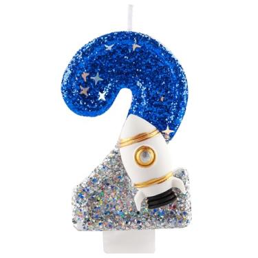 Imagem de Vela de 2º aniversário com glitter foguete espacial número 2 velas azul prata topo de bolo decorações vela feliz aniversário para meninas meninos artigos de festa de aniversário