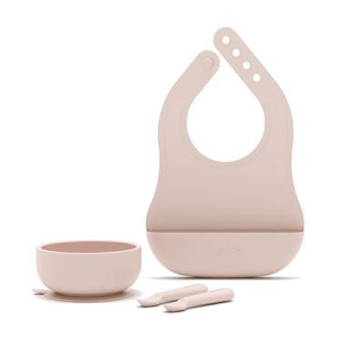 Imagem de Lalo Conjunto de alimentação para bebês First Bites Starting Solids de silicone com tigela de sucção, 2 colheres e 1 babador - 4 peças de suprimentos para desmame - Utensílios de mesa infantis de