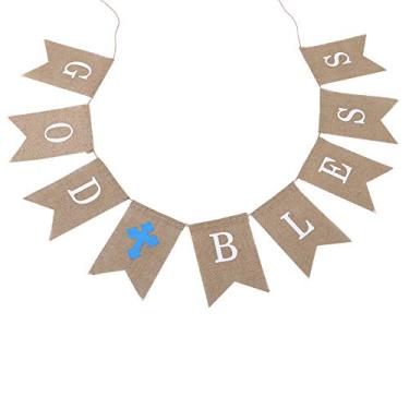 Imagem de Bandeiras suspensas de linho em formato de cauda elegante, bandeira de juta, decoração de festa premium para aniversário, casamento, chá de panela, feito de material ecológico (Deus abençoe a cruz