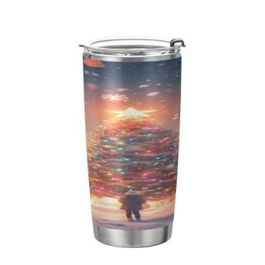 Imagem de YETTASBIN Copo de árvore de Natal com tampa de palha, copo de aço inoxidável de 590 ml, parede dupla, isolada a vácuo, caneca de café de viagem para bebidas quentes e frias