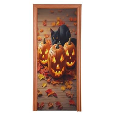 Imagem de Qilmy Decoração de capa de porta de Halloween fofo gato e abóbora 81 x 200 cm tecido grande decoração de festa de feriado placa para porta da frente varanda decoração externa janela parede 512