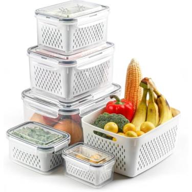 Imagem de BEMMY Kit 5 Organizadores Geladeira, Cesta de drenagem, Caixa de armazenamento de Alimentos, Caixa de Armazenamento de Refrigerador de Plástico PP com Tampa, Caixa de Vedação de Alimentos