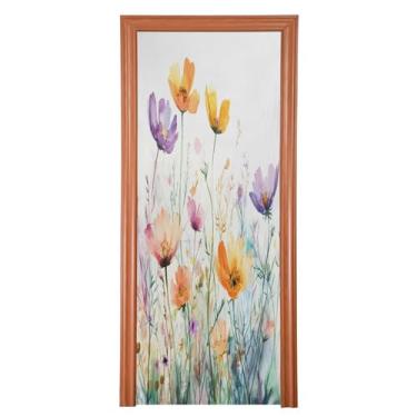 Imagem de Wassud Capa de porta grande para decoração de flores silvestres em aquarela 96 x 98 polegadas, faixa elástica para porta interna para varanda e porta da frente