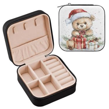 Imagem de Wassud Bonito urso chapéu de Natal estojo de joias para mulheres meninas senhoras noiva portátil couro PU mini organizador de joias, caixa quadrada de armazenamento de joias para brincos, anéis, colar