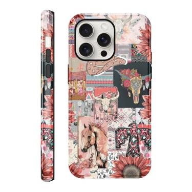 Imagem de Vulfwela Capa para iPhone 15 Pro de 6,1 polegadas retrô caubói cowgirl, capa de telefone 2 em 1 Wild West Country Cowgirl, chapéu protetor retrô à prova de choque, cavalos, cactos, colagem, rancho