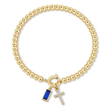 Imagem de Korotho Pulseira de pedra de nascimento cruzada para mulheres – Pulseiras elásticas delicadas banhadas a ouro 14 K, modernas, à prova d'água, não mancham, joias de aniversário, Natal, meias para mães