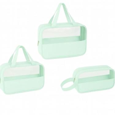 Imagem de Conjunto de Necessaires Transparentes com 3 Peças, Verde Claro, PVC Resistente à Água, Tamanhos Variados para Viagem, Organizador de Cosméticos e Produtos de Higiene