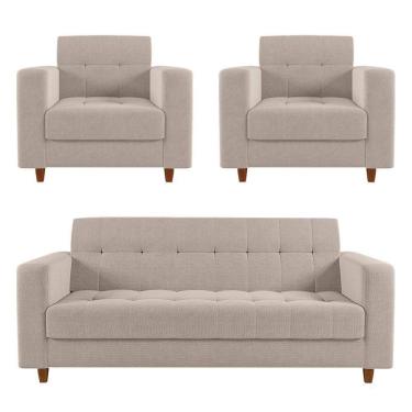 Imagem de Sofá 2 Lugares E 2 Poltronas Pé Madeira Castanho Arezo Linho D01 - D`rossi A27 Areia
