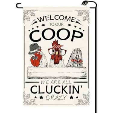 Imagem de Welcome To Our Coop Sinal de galinha engraçado bandeira de jardim 30 x 45 cm vertical dupla face galinheiro pequenas bandeiras presentes fazenda decoração externa para quintal (apenas bandeira) RC24