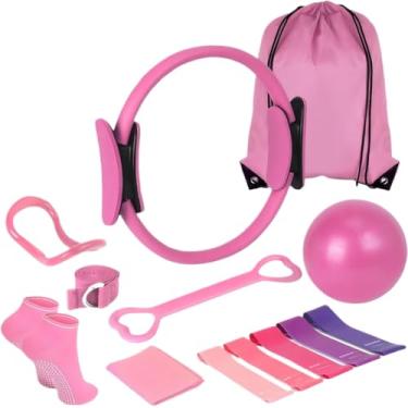 Imagem de Conjunto de pilates anel de bola home yoga bandas de resistência tamer acessórios esportivos(rosa)