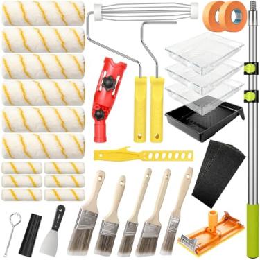 Imagem de Kit de rolo de pintura de 38 peças com haste de extensão de 6 a 10 m, rolos de pintura de 10 cm e 23 cm, extensor de pincel, suporte de lixa, pincéis para paredes, rolo de pintura para casa para todas