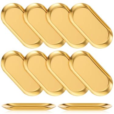 Imagem de Hpmjz Conjunto de 10 bandejas douradas de aço inoxidável, bandeja de banheiro, bandeja decorativa de joias, pequeno organizador de metal, armazenamento oval para perfume, buffet, lanche