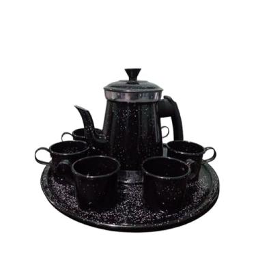 Imagem de Kit jogo de bule com 6 xícaras e bandeja café chá alumínio retro prêmio(Preto pintinha)