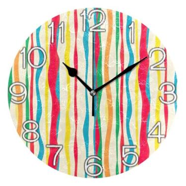 Imagem de GAIGEO Relógio de parede analógico decorativo escritório cozinha relógio divertido alimentado por bateria, retro moderno art déco decoração de parede arte listrada colorida, 25 cm, ponteiros pretos