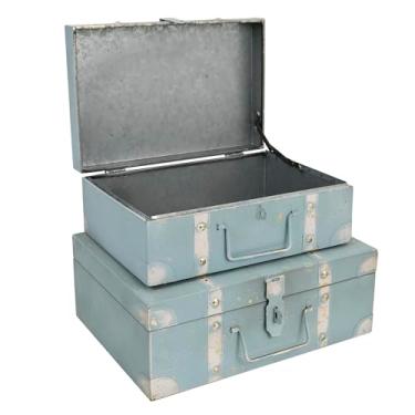 Imagem de Z² BellaDecor Baús de armazenamento de metal vintage - Conjunto de 2, baús de armazenamento decorativos antigos com tampas, caixas de mala decorativas, malas vintage para lembranças e decoração de