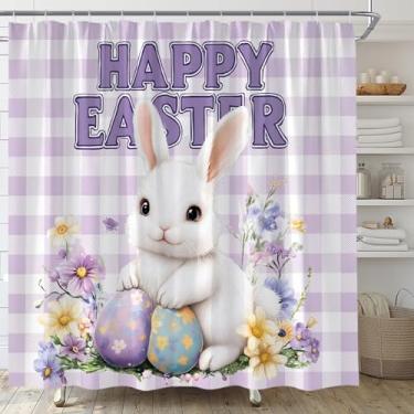 Imagem de ABONAN Cortina de chuveiro Happy Easter Cute White Rabbits Bunny Eggs Spring Purple Buffalo Plaid Flower Rústico Floral Grid Tecido Cortina de Banheiro Decoração Conjunto de Banheiro com Ganchos