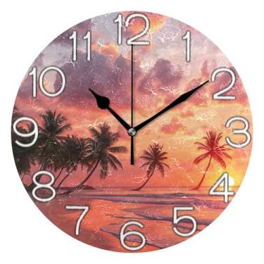 Imagem de GAIGEO Relógio de parede analógico decorativo divertido alimentado por bateria relógio de cozinha fofo, arte de parede boho decoração de casa praia tropical pôr do sol, 25 cm, ponteiros pretos