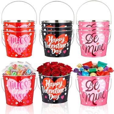 Imagem de Wurosi 12 peças de balde de metal para Dia dos Namorados com alça, porta-lápis pequeno de 15,6 x 13,7 cm, balde de metal, mini baldes de festa de coração para lembrancinha de festa de flores dos