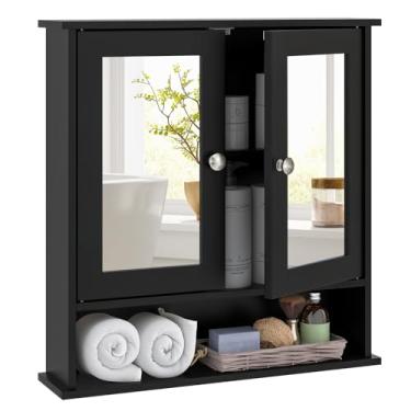 Imagem de Tangkula Armário de remédios de banheiro com espelho, organizador de parede de madeira com portas e prateleiras, armário de espelho de parede de banheiro (preto)