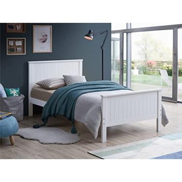 Imagem de Estrutura de cama de solteiro com cabeceira, cama de solteiro de madeira moderna para adultos, sem necessidade de cama box de painel, base de colchão de suporte de ripas de madeira (branca) (branca)