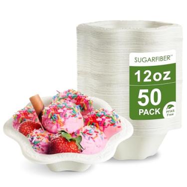 Imagem de [50 unidades] Tigelas de papel branco florais compostáveis de 340 g, coleção Acanthus Tigelas descartáveis de bagaço de cana de açúcar ecológica, tigela de sorvete sem plástico elegante, nova versão