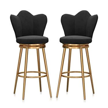 Imagem de Conjunto de 2 bancos de bar giratórios acolchoados de veludo com pernas de metal dourado, bancos de bar modernos de meados do século, encosto baixo para cozinha, ilha, casa, pub, cadeiras de café da