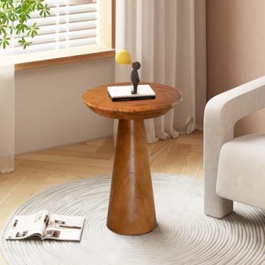 Imagem de JOLLYMER Mesa lateral de cogumelo, banco de teca, suporte de plantas naturais, mesa de centro redonda de madeira de 50 cm de altura para sala de estar, quarto, jardim, quintal