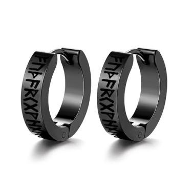 Imagem de Brincos de argola viking de aço inoxidável e brincos de orelha, runas nórdicas para homens e mulheres, ideias exclusivas de presente de joias elegantes para aniversário, unissex - prata/preto