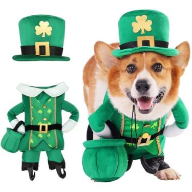Imagem de Fantasia de cachorro Leprechaun, 3 peças de roupa de cachorrinho do dia de São Patrício com chapéu e pote dourado, tema irlandês da sorte celebração verde roupas de férias vestir-se para cães, gatos