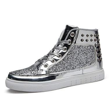Imagem de IGxx Tênis masculino brilhante com glitter metálico spikes cano alto punk rebite brilhante, Spikes Prata, 38 BR