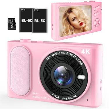 Imagem de Câmera digital atualizada 2025 4K, aponte e atire com tela IPS de 2,8 polegadas, vídeo 4K de 48 MP, zoom 16X, modo macro, flash - câmera compacta para iniciantes (moderna, rosa)