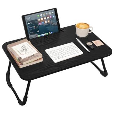Imagem de Mesas de colo para adultos, pequena, preta, mesa de suporte de laptop de madeira, bandeja dobrável para cama de colo com suporte para copos, sofá portátil dobrável para uso interno e externo