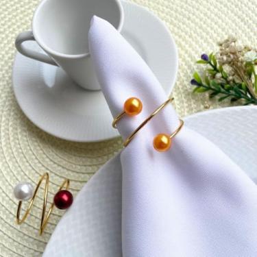 Imagem de 6 Porta Guardanapo Argola Mesa Posta Jantar e Casamento Metal com Perola Laranja