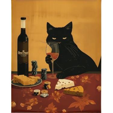 Imagem de Kit de pintura por números para adultos iniciantes, bebendo gato vinho tinto kits de pintura fácil por números tela sem moldura, pintura a óleo acrílica faça você mesmo para adultos kits de pintura